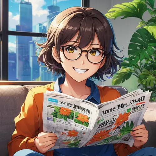 reading the newspaper,reading glasses,newspaper reading,relaxing reading,reading,with glasses,honmei choco,bookworm,read a book,euphonium,girl studying,book glasses,tangerines,newscaster,tutor,novel,readers,literature,glasses,oranges,Illustration,Japanese style,Japanese Style 03