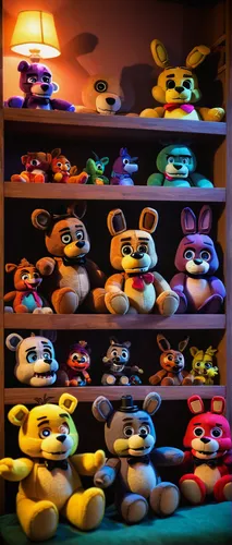 Five Nights at Freddy's (FNAF) plush toys, detailed texture, soft material, animatronic characters, Freddy Fazbear, Chica, Bonnie, Foxy, collectible, merchandise, children's room, scattered on bed, co