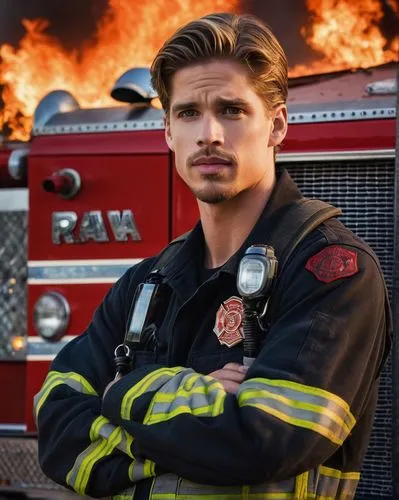 Drew Van Acker as a firefighter with his arms crossed in front of a fire truck.,backdraft,firefighter,fire fighter,fireman,lafd,volunteer firefighter,seagrave,ifd,dcfems,fdny,fire background,fireforce