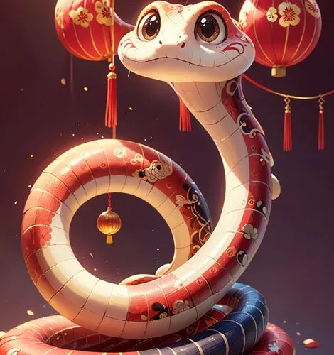 一隻快樂的小蛇, 中國新年風,a snake with two balloons in it's head and two balls coming out of the mouth,barongsai,dalixia,noodle image,mushu,guobao,year of the rat,shenlong,mid-autumn festival,yuan,zhongwen,sanxi