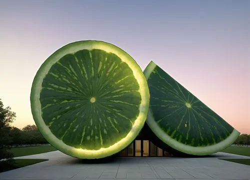 Create a realistic image of a modern, large building shaped like a watermelon. The building should have a curved, dome-like structure with a green exterior mimicking the watermelon rind, and the inter