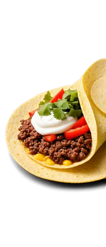 Crunchy taco, Mexican food, yellow corn tortilla, seasoned ground beef, melted cheese, lettuce, diced tomatoes, sour cream, cilantro, solo, close-up, shallow depth of field, warm lighting, vibrant col