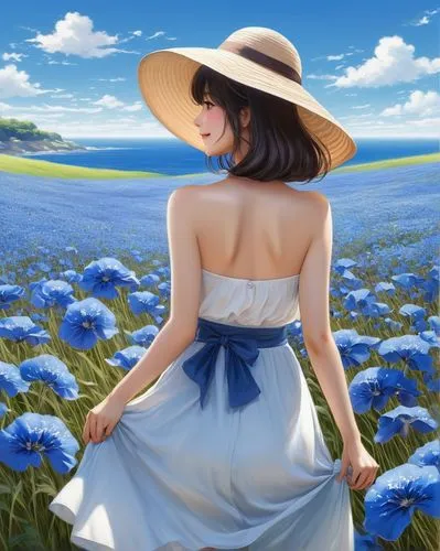 blue daisies,anemone coronaria,blue petals,blue anemone,blooming field,blue rose,straw hat,field of flowers,cornflower field,blue flower,springtime background,blue painting,himilayan blue poppy,flower field,flower background,summer anemone,blue background,marguerite,flowers field,spring background,Conceptual Art,Daily,Daily 32