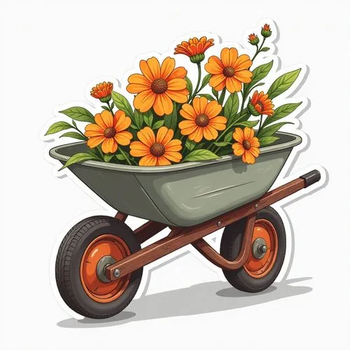 flowers in wheel barrel,flower cart,floral bike,flower car,flower basket,flowers in basket,Unique,Design,Sticker