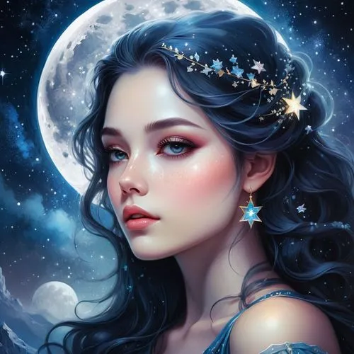 selene,fantasy portrait,blue moon rose,moonchild,queen of the night,fantasy art,mystical portrait of a girl,diwata,moonflower,moonbeams,fantasy picture,fairy queen,moonbeam,fairie,zodiac sign libra,faerie,moonlit,moon and star background,moonshining,faery,Illustration,Realistic Fantasy,Realistic Fantasy 15