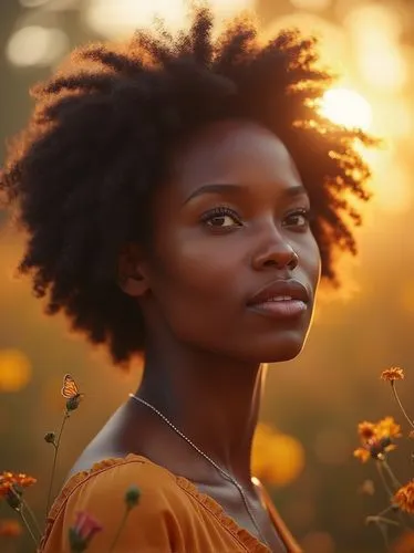 afroamerican,afrocentrism,african woman,african daisies,flower in sunset,beautiful african american women,Photography,General,Realistic