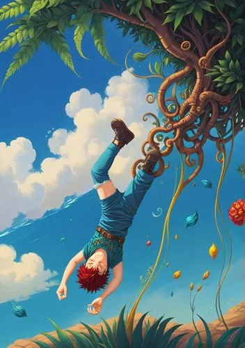 the person is jumping up into the air,flying seeds,tarzan,flying dandelions,fallen acorn,rope swing,flying seed,Illustration,Realistic Fantasy,Realistic Fantasy 39