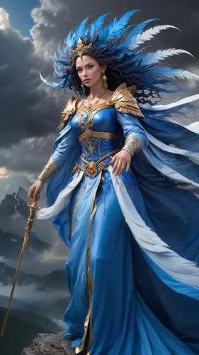 32k photo-realistic, high definition, hyper-realistic, Dutch Angle. The Empress of the Skies, her form a dynamic presence, stands on a mountaintop amidst swirling winds and dark clouds. Her hair flows