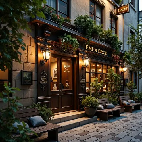 Rustic pub exterior, Baroque-inspired fa\u00e7ade, ornate stone carvings, grand entranceways, lantern-style lighting, lush greenery, overflowing flower boxes, meandering cobblestone pathways, natural 