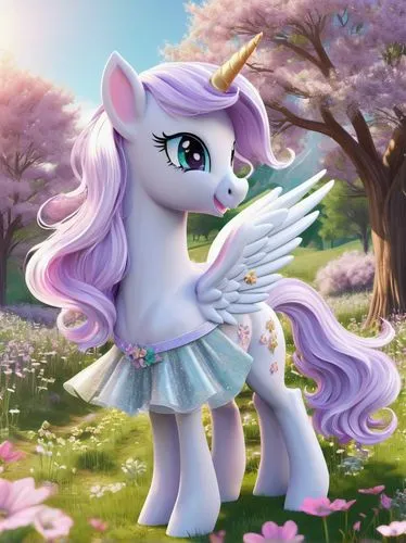 My Little Pony OC, pastel-colored mane, sparkly eyes, cute nose, gentle smile, slender legs, wearing a flowing skirt, hooves with glittery accents, standing in a lush meadow, surrounded by blooming wi