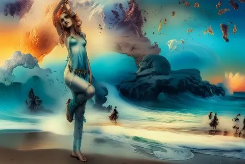 beautiful nude woman 35 45 from brazil infront of the sea wave and amazing sunset,the painting is of a woman standing at the beach,mermaid background,fantasy art,fantasy picture,ladyland,amphitrite,dr