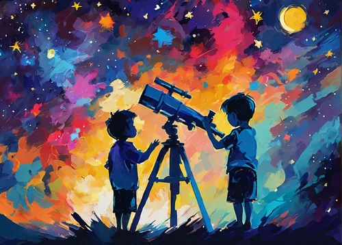 night scene of two brothers outdoors, llittle boy looking through a telescope at stars in the sky, digital art style, illustration painting,astronomers,astronomer,astronomy,telescope,telescopes,starga