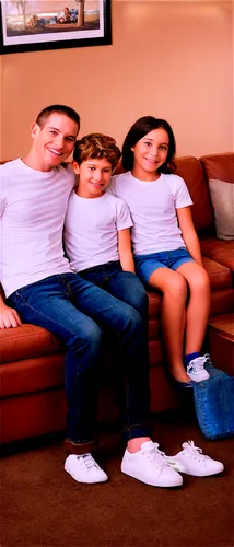 Family portrait, warm atmosphere, mother (30s), father (35), two kids (7, 10), smiling faces, casual clothes, jeans, white shirts, sneakers, leather sofa, living room, afternoon sunlight, soft focus, 