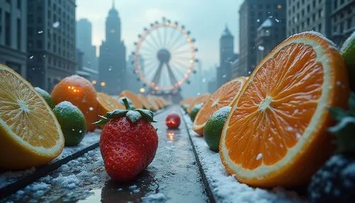 bowl of fruit in rain,orange slices,citrus fruits,fruit stand,frozen drink,snowy still-life