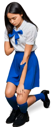 Kneeling girl, apology pose, hands together, bowed head, sad expression, black hair, simple makeup, white shirt, blue skirt, knee-high socks, brown shoes, solo, (16yo), soft focus, warm lighting, cine