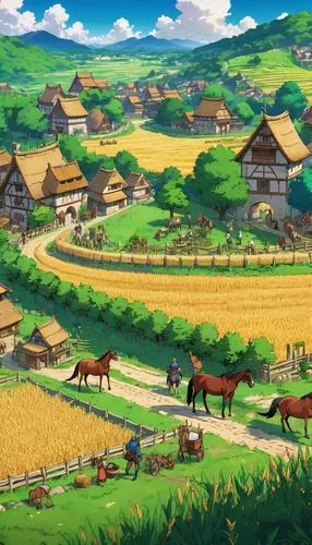 yamada's rice fields,hosoda,pony farm,favaro,korean folk village,butka,farm background,rice fields,auriongold,kornfeld,magome,yushun,grassfields,agricultural scene,ricefield,toonerville,the rice field,katsura,knight village,yazaki,Illustration,Japanese style,Japanese Style 03