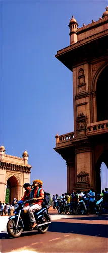 Mumbai cityscape, Gateway of India monument, blue skies, white clouds, warm sunlight, vibrant street life, colorful vendors, traditional Indian clothing, intricate architecture, ornate carvings, bustl