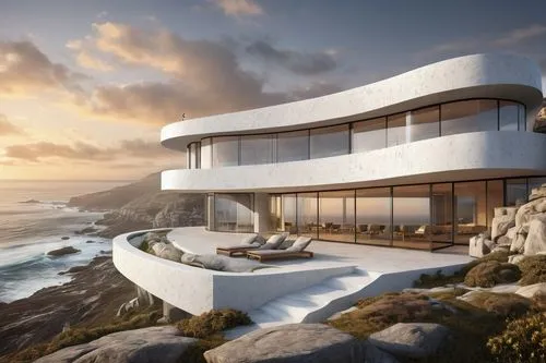 dunes house,fresnaye,modern house,luxury property,modern architecture,snohetta,dreamhouse,oceanfront,luxury home,luxury real estate,cubic house,clifftop,futuristic architecture,capetown,beautiful home,penthouses,3d rendering,plettenberg,ocean view,cliffside,Illustration,Realistic Fantasy,Realistic Fantasy 42