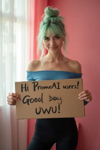 A 21yo petite model girl with light green hair in a messy bun is holding a cardboard sign that reads \"Hi PromeAI users! Good day UWU, \" wearing a blue off-shoulder top, full body, a black tight seam