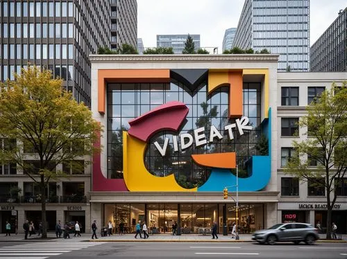 Vibrant postmodernist building facade, irregular shapes, bold color blocking, fragmented forms, juxtaposed textures, playful typography, ornate decorations, irreverent historical references, deconstru