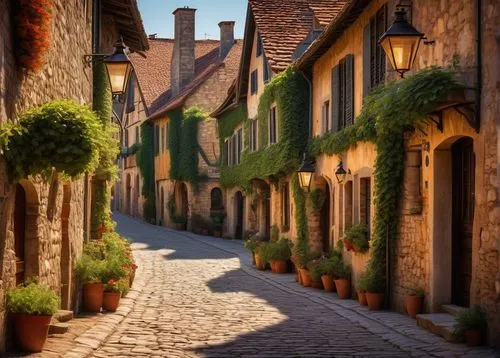 Hay's town architecture, rustic stone walls, wooden beam roofs, charming chimneys, flower-filled window boxes, ivy-covered facades, cobblestone streets, vintage street lamps, afternoon sunlight castin