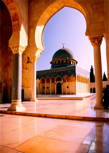 Al-Aqsa Mosque, Jerusalem, grand dome, intricate Islamic patterns, golden decorations, Arabic calligraphy, white marble floors, tall minarets, morning sunlight, soft shadows, 3/4 composition, warm col