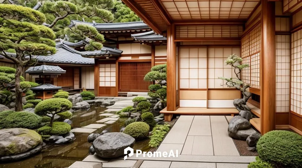 Japanese-style building, the sliding door is open, there are rich Japanese-style garden furnishings outside the door, it is raining outside,japanese-style room,ryokan,japanese zen garden,ryokans,zen g