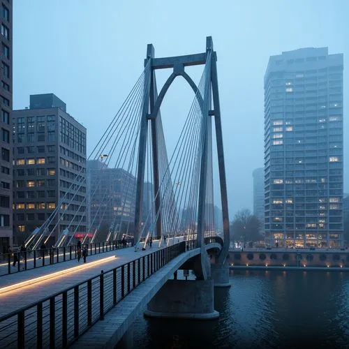 Futuristic suspension bridge, sleek metal arches, gleaming silver cables, LED lighting systems, neon-lit walkways, urban cityscape, misty morning atmosphere, soft blue mist, atmospheric perspective, c