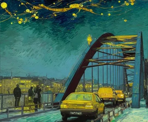 vincent van gogh,vincent van gough,yellow taxi,braque saint-germain,post impressionism,starry night,night scene,yellow sky,river seine,golden bridge,passerelle,photo painting,universal exhibition of paris,bridge new europe,paris,city highway,boulevard,french digital background,yellow light,montmartre,Art sketch,Art sketch,None