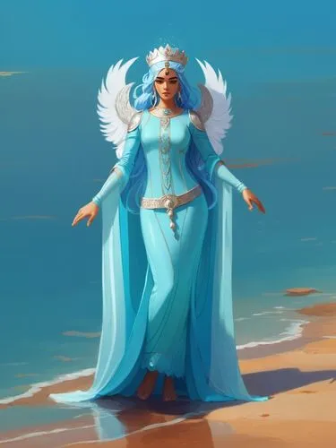 2D concept art, character design, ancient persian goddess, Achaemenid era, light blue hair, silver crown, see-through long sleeve Achaemenid dress, beautiful face, guardian of water, heroic,  charisma