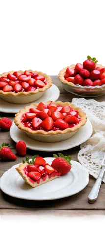 Pies with strawberries, desserts, still life, 3/4 composition, soft focus, warm lighting, rustic wooden table, lace tablecloth, blurred background, detailed crust, juicy strawberries, sweet atmosphere