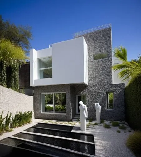 Diseño exterior de una casa moderna estilo minimalista combinando muros de color blanco con muros de tabique aparente, herrería de aluminio con cristal, fotografía hiperrealista, fotografía arquitectó