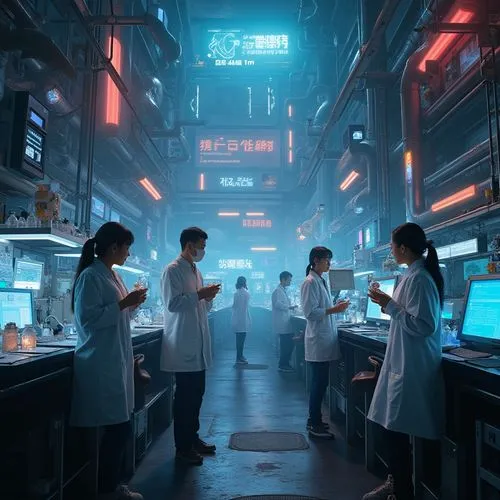 Metabolic school, futuristic building, vibrant neon lights, cyberpunk atmosphere, intricate pipes, steam-emitting machinery, advanced laboratory equipment, rows of computers, holographic projections, 