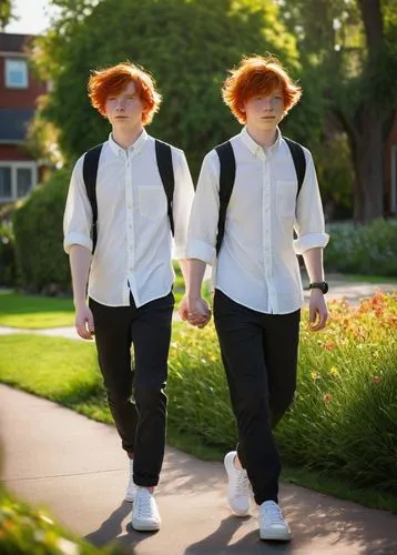 redhead, twin brothers, Shota, identical twins, bright blue eyes, freckled skin, messy red hair, white shirt, black pants, sneakers, holding hands, walking, sunny day, green grass, flower beds, trees,