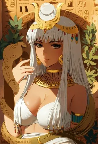 Keopatha, Egypt, wearing little clothes, showing flesh and full breasts, is a white oriental woman, bare chested, naked, revealing face.,a girl in a white outfit posing in front of a wall,nefertari,al