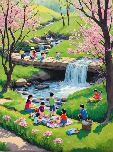 In the spring, families have picnics by the babbling brook.,cherry blossom festival,picnic,the cherry blossoms,cherry trees,japanese cherry trees,still life of spring,springtime background,takato cher