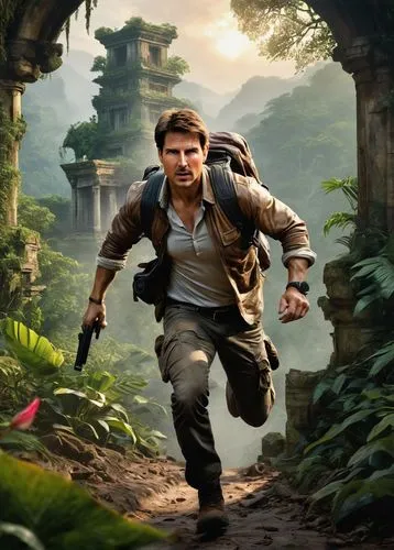 Tom Cruise, Nathan Drake, mature man, adventurous outfit, white shirt, brown leather jacket, rugged pants, backpack, gun holster, determined facial expression, sweaty forehead, messy hair, stubble, st