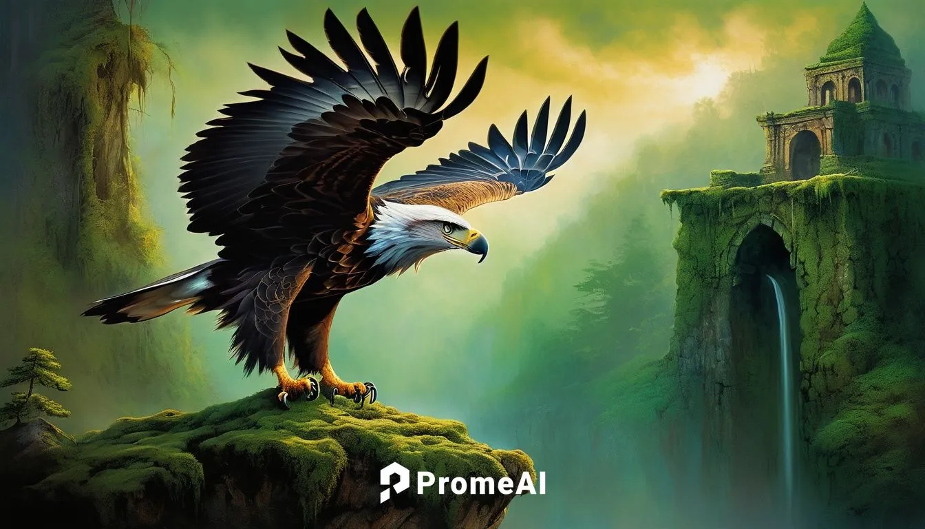 A majestic eagle soars overhead, casting a fleeting shadow upon a regal tiger perched on a moss-covered ruin. Both creatures radiate an aura of ancient power.,african eagle,eagle illustration,ravencla