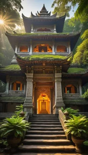 Ancient, mystical, temple architecture, intricate carvings, ornate details, golden accents, vibrant colors, sprawling complex, lush greenery surroundings, misty atmosphere, serene ambiance, warm sunli