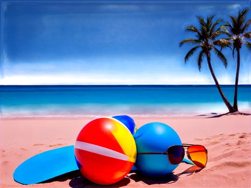 Seaside, sunny day, calm waves, white sandy beach, clear blue water, palm trees, few people in distance, colorful beach balls, sunglasses, sunscreen lotion, straw hat, relaxed atmosphere, warm lightin