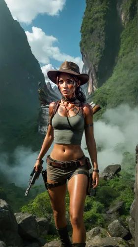 lara croft, short, sontrong thighs, navel,lara,female warrior,polynesian girl,mountain guide,warrior woman,polynesian,barbarian,croft,huntress,moana,adventurer,tribal chief,trekking pole,hula,maori,mi