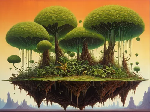 mushroom landscape,mushroom island,tree mushroom,floating island,floating islands,forest mushroom,fungal science,mushroom cloud,terraforming,vegetables landscape,mushrooms,club mushroom,cartoon forest,broccoli sprouts,swampy landscape,cloud mushroom,champignon mushroom,toadstools,mushroom,situation mushroom,Conceptual Art,Fantasy,Fantasy 04