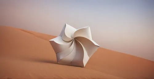 an artisticly twisted white sculpture in a desert landscape,desert flower,admer dune,folded paper,shifting dune,dune,libyan desert