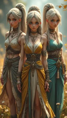 3d realistic character image of three sisters crafters of future timelines in a world where multiple realities can be woven and chosen. Their attire showcases a blend of ancient Norse textiles with re