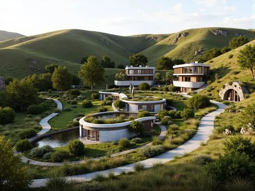 hobbiton,earthship,ecovillages,3d rendering,ecotopia,mountain settlement,ingushetia,ecovillage,render,tulou,house in the mountains,3d rendered,cube stilt houses,house in mountains,rivendell,the hills,sunol,3d render,foothills,daghestan