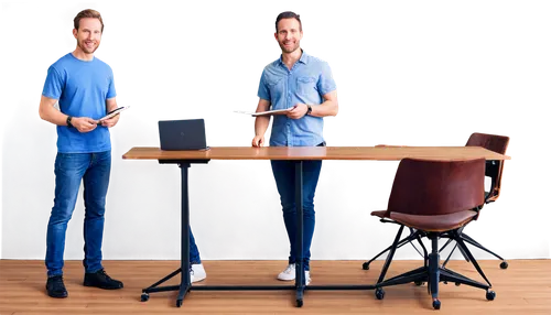 Group of three, colleagues, standing, smiling, casual clothes, jeans, t-shirts, sneakers, laptops, notebooks, pens, conference room, wooden table, leather chairs, natural light, panoramic view, shallo