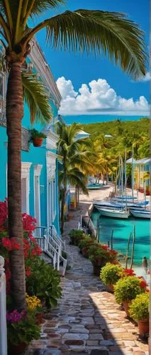 Bahamas architecture, colorful colonial-style buildings, pastel-colored walls, white windows, wooden doors, ornate balconies, red-tiled roofs, palm trees surrounding, bright blue sky, fluffy white clo