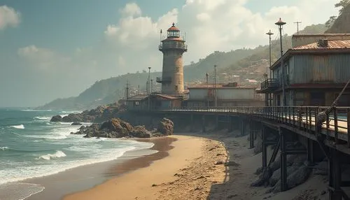 Rugged coastline, crashing waves, salty sea air, weathered steel structures, industrial chic aesthetic, exposed metal beams, corrugated iron cladding, nautical-inspired design, beachside promenade, sa