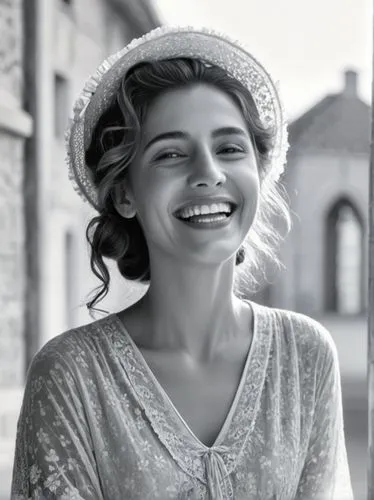 B&W photo of a nice smiling village beauty in 1900,woman in dress and hat standing near a column smiling,beren,hande,parvathy,kubra,scherfig,sonrisa,Photography,Black and white photography,Black and W