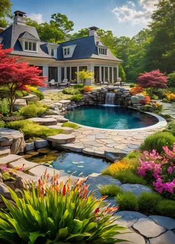 landscaped,landscape designers sydney,home landscape,landscaping,beautiful home,landscapist,roof landscape,garden pond,pool house,landscape design sydney,landscapers,luxury home,dreamhouse,summer cottage,new england style house,landscaper,luxury property,lilly pond,backyard,country estate,Conceptual Art,Oil color,Oil Color 25